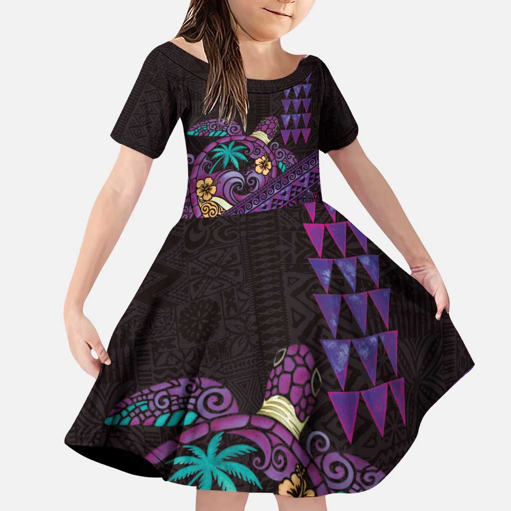 Hawaiian Abstract Sea Turtle Family Matching Puletasi and Hawaiian Shirt Polynesian Tapa Art and Kakau Tattoo Purple WaterColor LT03 Daughter's Dress Black - Polynesian Pride