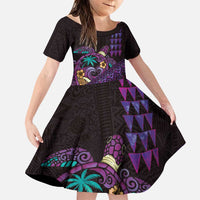 Hawaiian Abstract Sea Turtle Family Matching Puletasi and Hawaiian Shirt Polynesian Tapa Art and Kakau Tattoo Purple WaterColor LT03 Daughter's Dress Black - Polynesian Pride