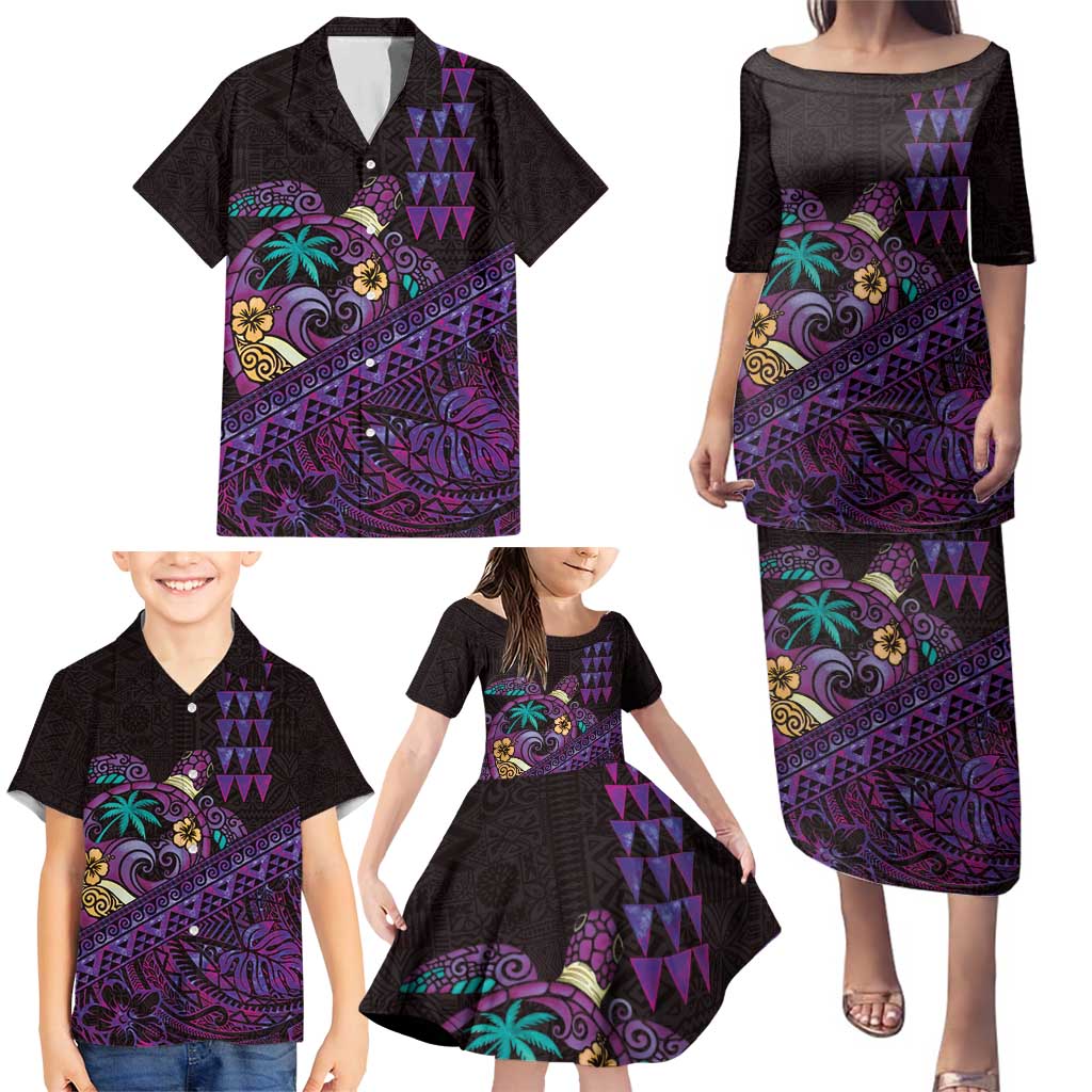 Hawaiian Abstract Sea Turtle Family Matching Puletasi and Hawaiian Shirt Polynesian Tapa Art and Kakau Tattoo Purple WaterColor LT03 - Polynesian Pride