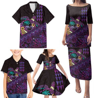 Hawaiian Abstract Sea Turtle Family Matching Puletasi and Hawaiian Shirt Polynesian Tapa Art and Kakau Tattoo Purple WaterColor LT03 - Polynesian Pride