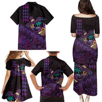 Hawaiian Abstract Sea Turtle Family Matching Puletasi and Hawaiian Shirt Polynesian Tapa Art and Kakau Tattoo Purple WaterColor LT03 - Polynesian Pride