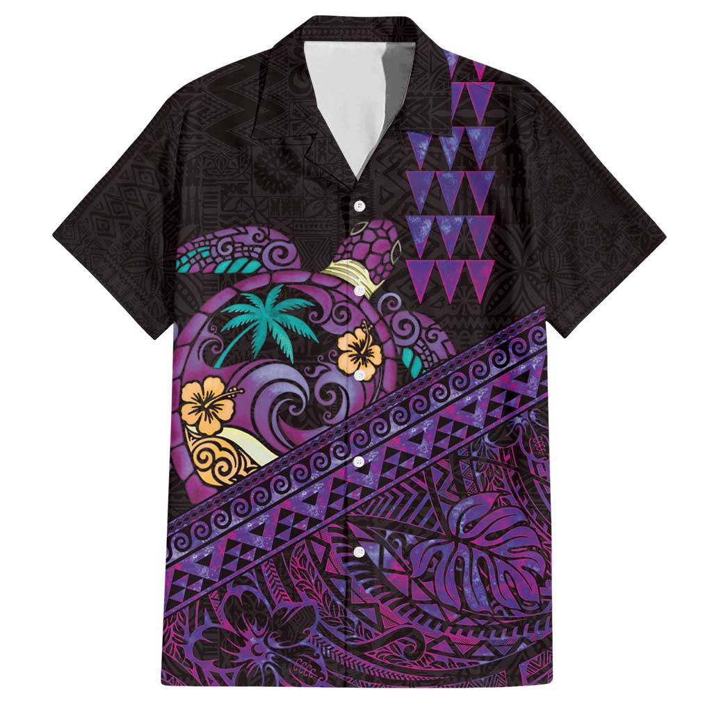 Hawaiian Abstract Sea Turtle Family Matching Puletasi and Hawaiian Shirt Polynesian Tapa Art and Kakau Tattoo Purple WaterColor LT03 Dad's Shirt - Short Sleeve Black - Polynesian Pride