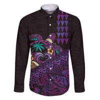 Hawaiian Abstract Sea Turtle Family Matching Puletasi and Hawaiian Shirt Polynesian Tapa Art and Kakau Tattoo Purple WaterColor LT03 Dad's Shirt - Long Sleeve Black - Polynesian Pride