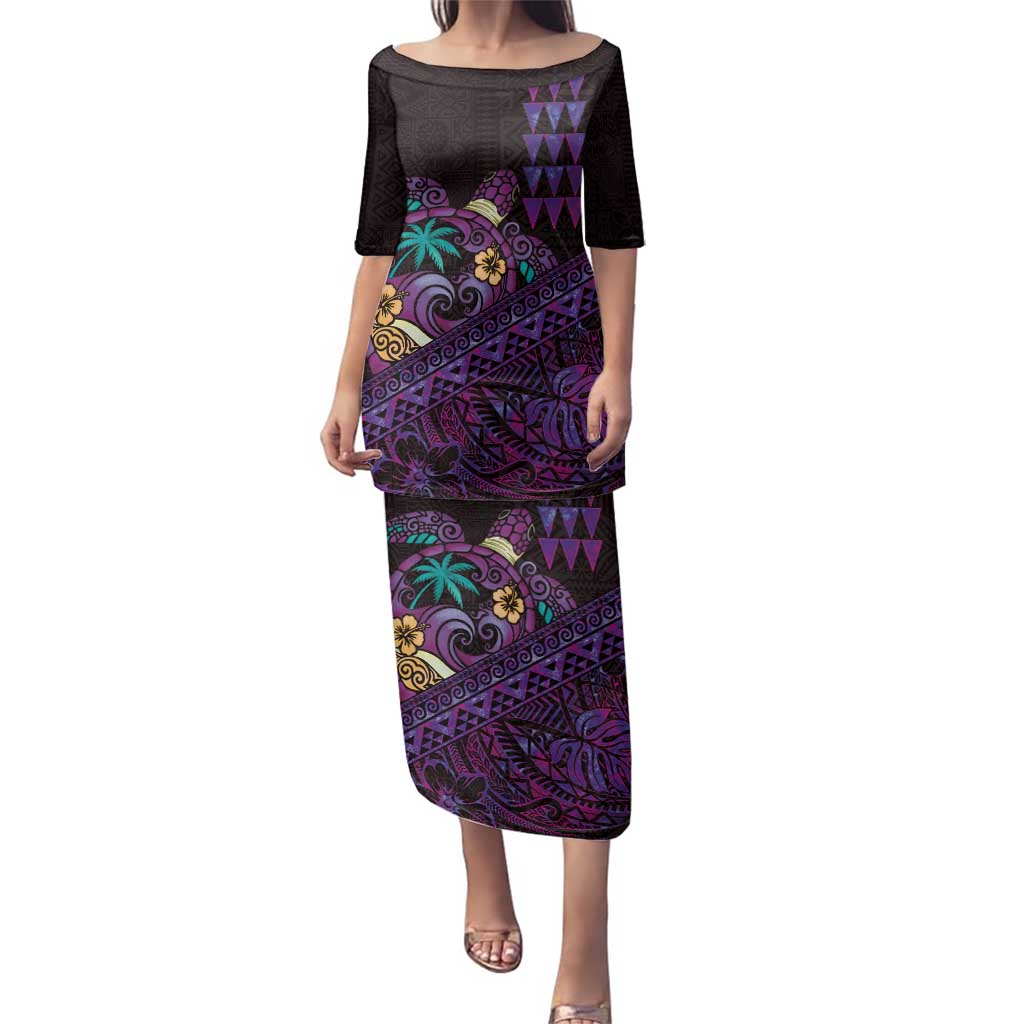 Hawaiian Abstract Sea Turtle Family Matching Puletasi and Hawaiian Shirt Polynesian Tapa Art and Kakau Tattoo Purple WaterColor LT03 Mom's Dress Black - Polynesian Pride