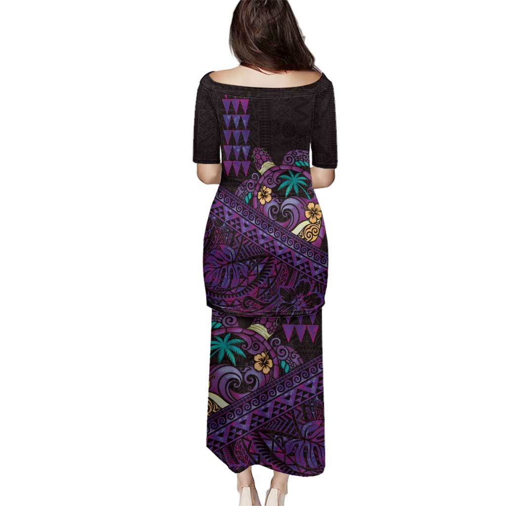 Hawaiian Abstract Sea Turtle Family Matching Puletasi and Hawaiian Shirt Polynesian Tapa Art and Kakau Tattoo Purple WaterColor LT03 - Polynesian Pride