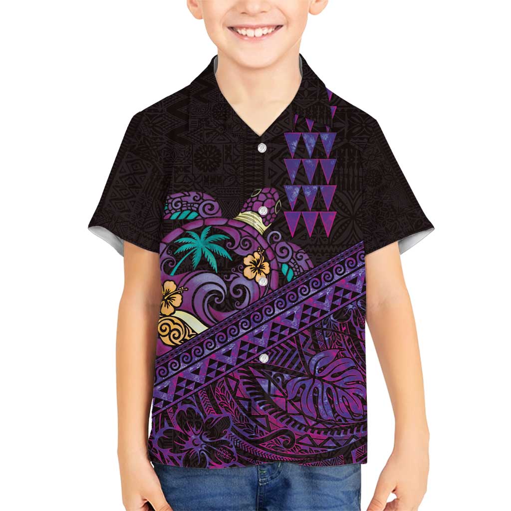 Hawaiian Abstract Sea Turtle Family Matching Puletasi and Hawaiian Shirt Polynesian Tapa Art and Kakau Tattoo Purple WaterColor LT03 Son's Shirt Black - Polynesian Pride