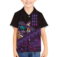 Hawaiian Abstract Sea Turtle Family Matching Puletasi and Hawaiian Shirt Polynesian Tapa Art and Kakau Tattoo Purple WaterColor LT03 Son's Shirt Black - Polynesian Pride