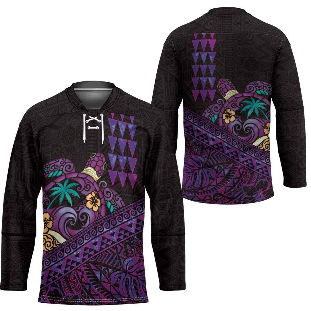 Hawaiian Abstract Sea Turtle Hockey Jersey Polynesian Tapa Art and Kakau Tattoo Purple WaterColor - Polynesian Pride