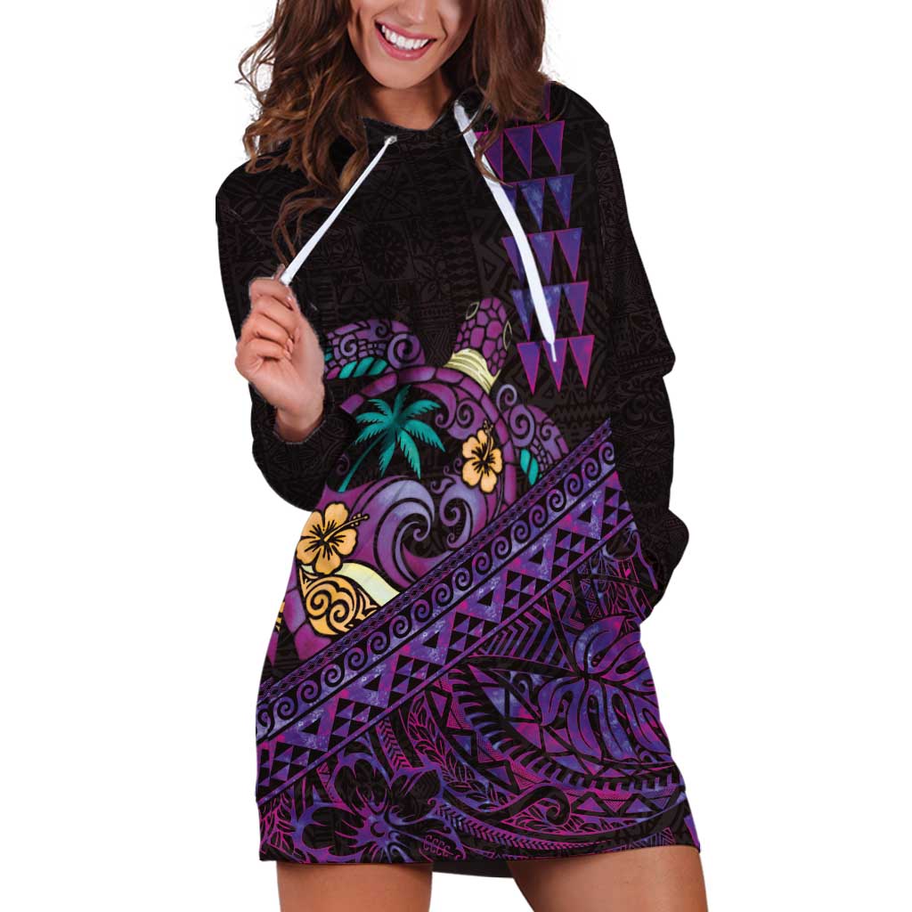 Hawaiian Abstract Sea Turtle Hoodie Dress Polynesian Tapa Art and Kakau Tattoo Purple WaterColor - Polynesian Pride
