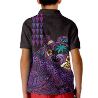 Hawaiian Abstract Sea Turtle Kid Polo Shirt Polynesian Tapa Art and Kakau Tattoo Purple WaterColor - Polynesian Pride