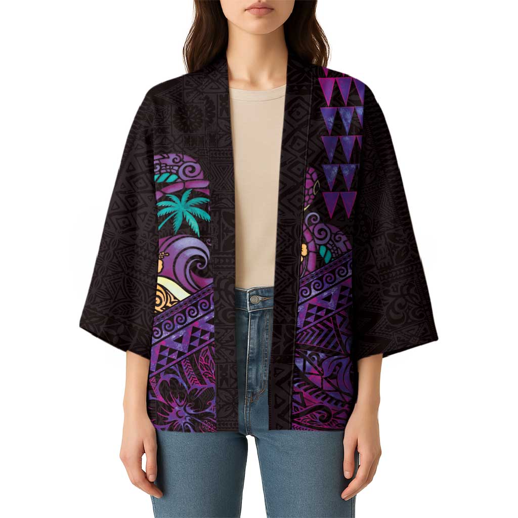 Hawaiian Abstract Sea Turtle Kimono Polynesian Tapa Art and Kakau Tattoo Purple WaterColor - Polynesian Pride