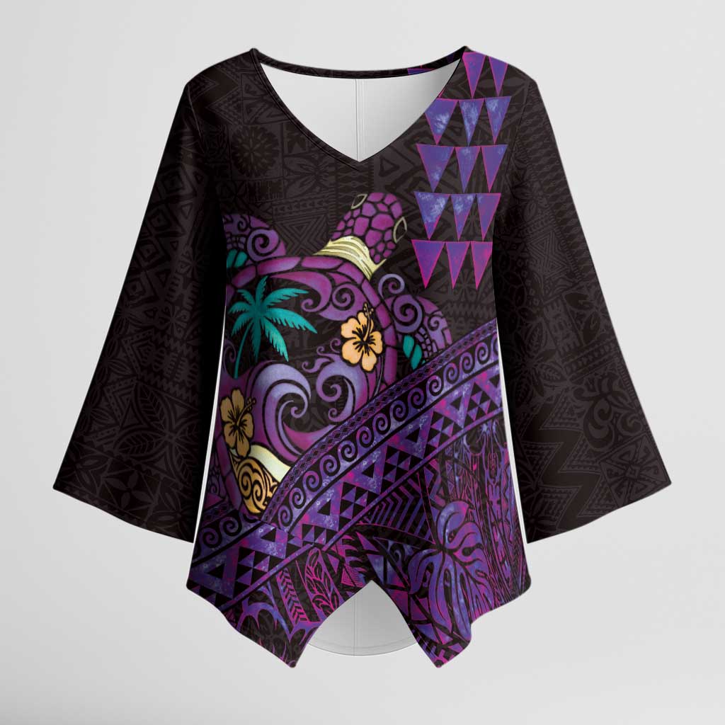Hawaiian Abstract Sea Turtle Kimono Sleeve Blouse Polynesian Tapa Art and Kakau Tattoo Purple WaterColor - Polynesian Pride