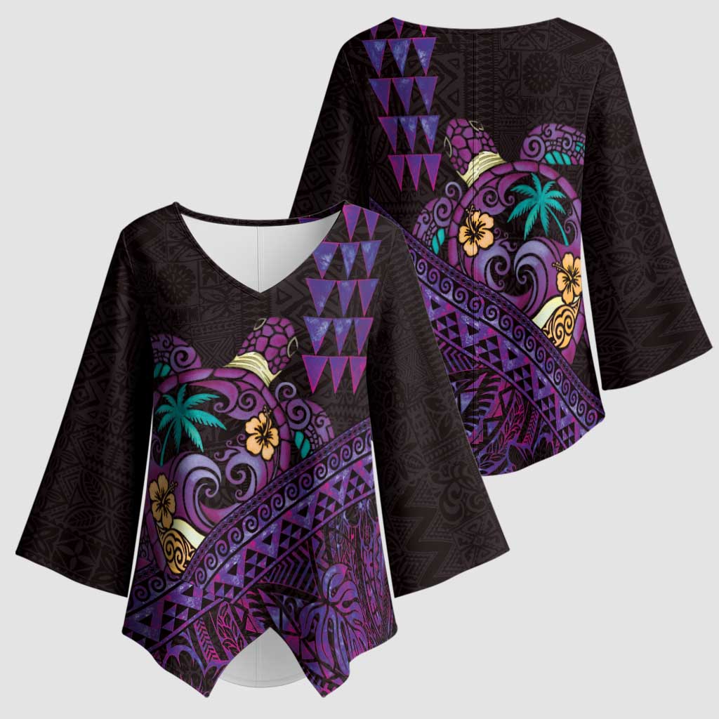 Hawaiian Abstract Sea Turtle Kimono Sleeve Blouse Polynesian Tapa Art and Kakau Tattoo Purple WaterColor - Polynesian Pride