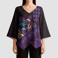 Hawaiian Abstract Sea Turtle Kimono Sleeve Blouse Polynesian Tapa Art and Kakau Tattoo Purple WaterColor - Polynesian Pride