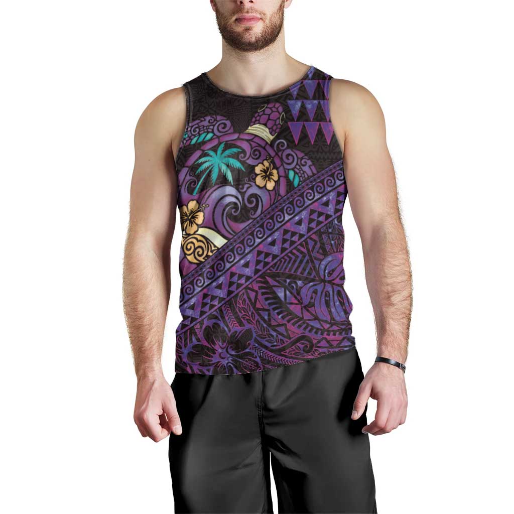 Hawaiian Abstract Sea Turtle Men Tank Top Polynesian Tapa Art and Kakau Tattoo Purple WaterColor - Polynesian Pride