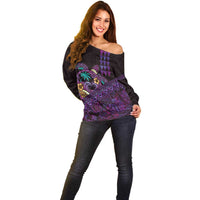 Hawaiian Abstract Sea Turtle Off Shoulder Sweater Polynesian Tapa Art and Kakau Tattoo Purple WaterColor - Polynesian Pride