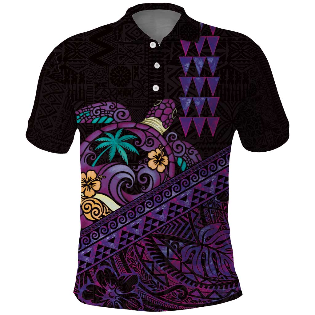 Hawaiian Abstract Sea Turtle Polo Shirt Polynesian Tapa Art and Kakau Tattoo Purple WaterColor - Polynesian Pride