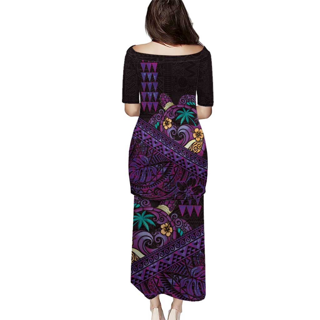 Hawaiian Abstract Sea Turtle Puletasi Polynesian Tapa Art and Kakau Tattoo Purple WaterColor - Polynesian Pride