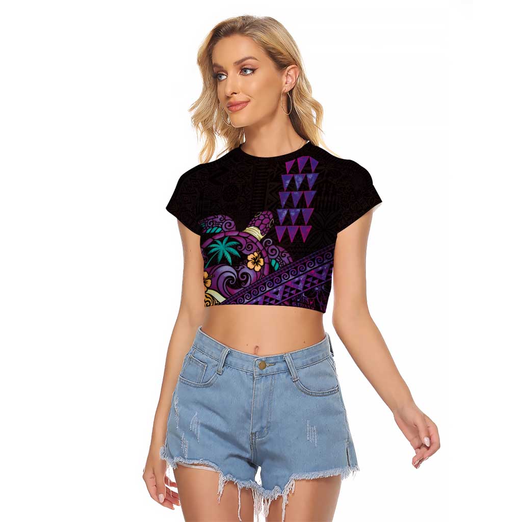 Hawaiian Abstract Sea Turtle Raglan Cropped T Shirt Polynesian Tapa Art and Kakau Tattoo Purple WaterColor - Polynesian Pride