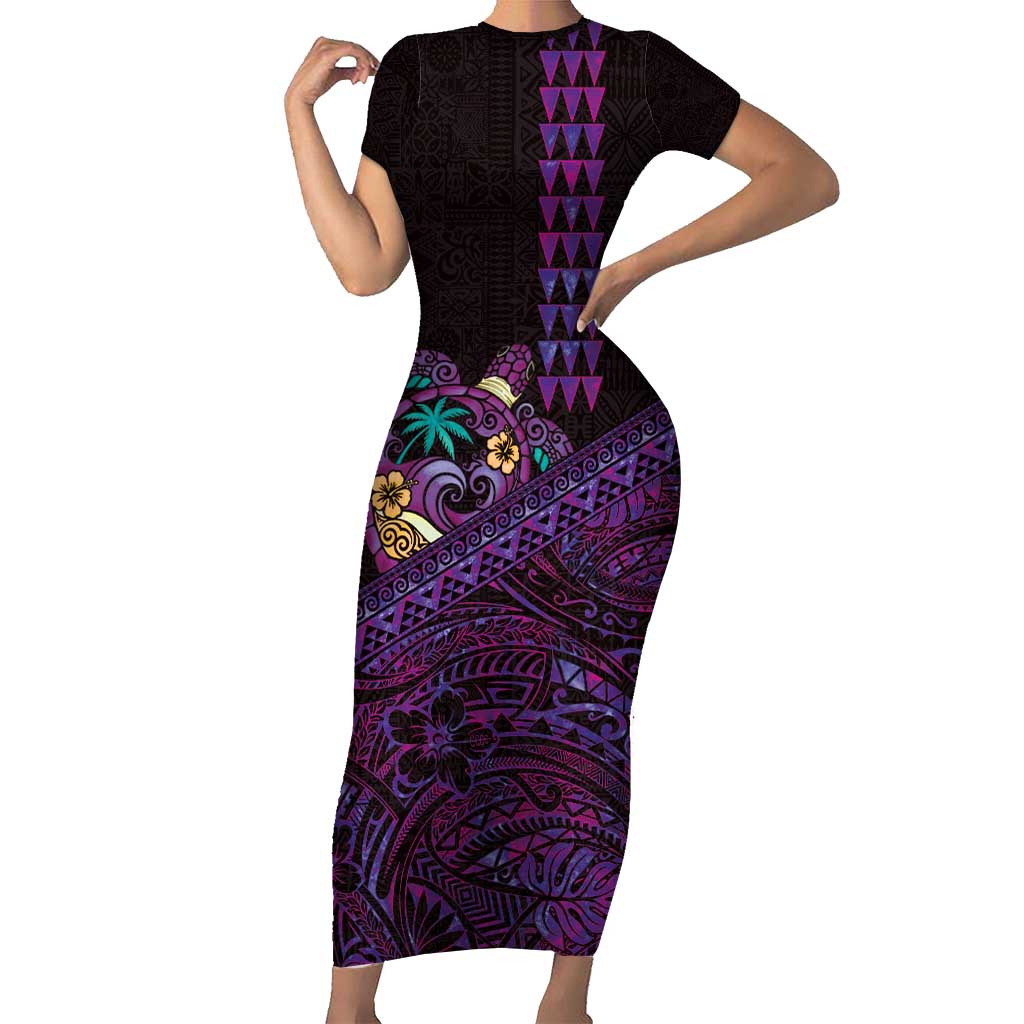Hawaiian Abstract Sea Turtle Short Sleeve Bodycon Dress Polynesian Tapa Art and Kakau Tattoo Purple WaterColor - Polynesian Pride