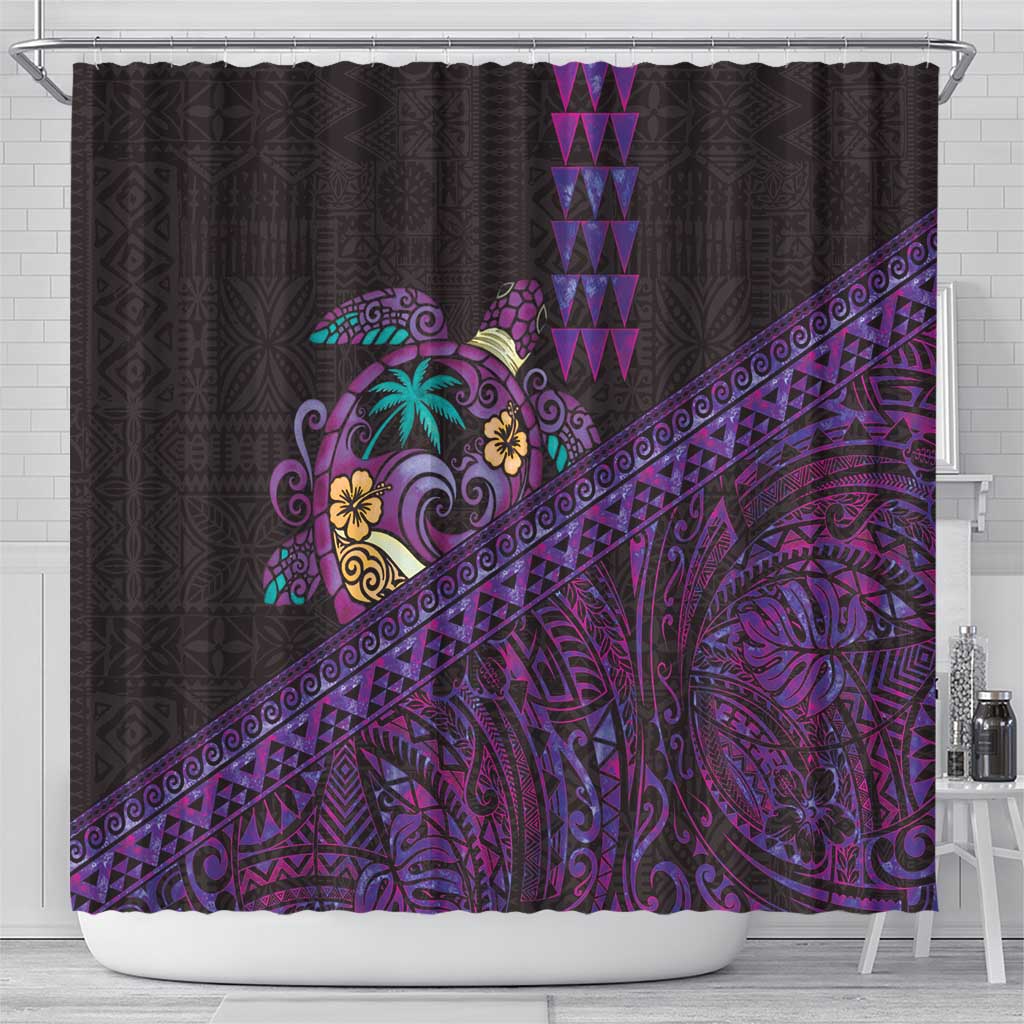 Hawaiian Abstract Sea Turtle Shower Curtain Polynesian Tapa Art and Kakau Tattoo Purple WaterColor - Polynesian Pride