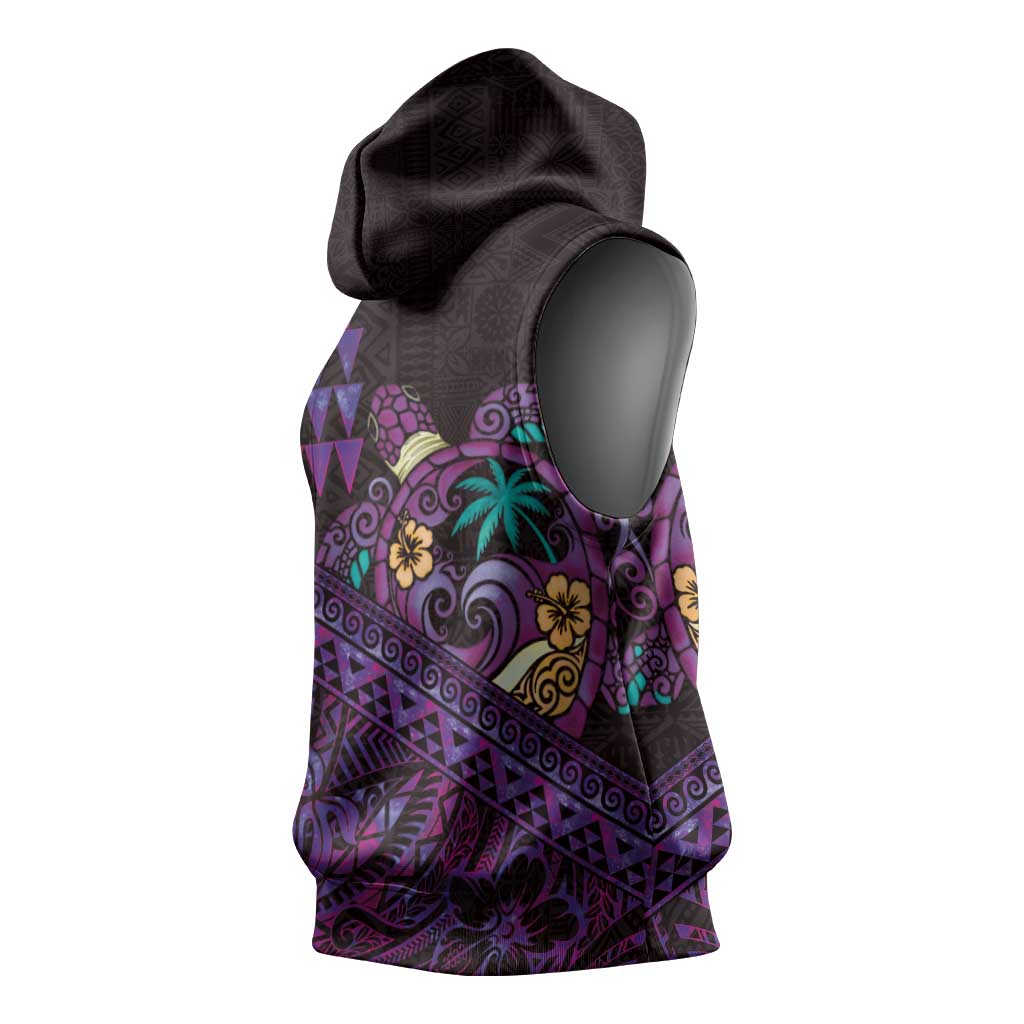 Hawaiian Abstract Sea Turtle Sleeveless Hoodie Polynesian Tapa Art and Kakau Tattoo Purple WaterColor - Polynesian Pride
