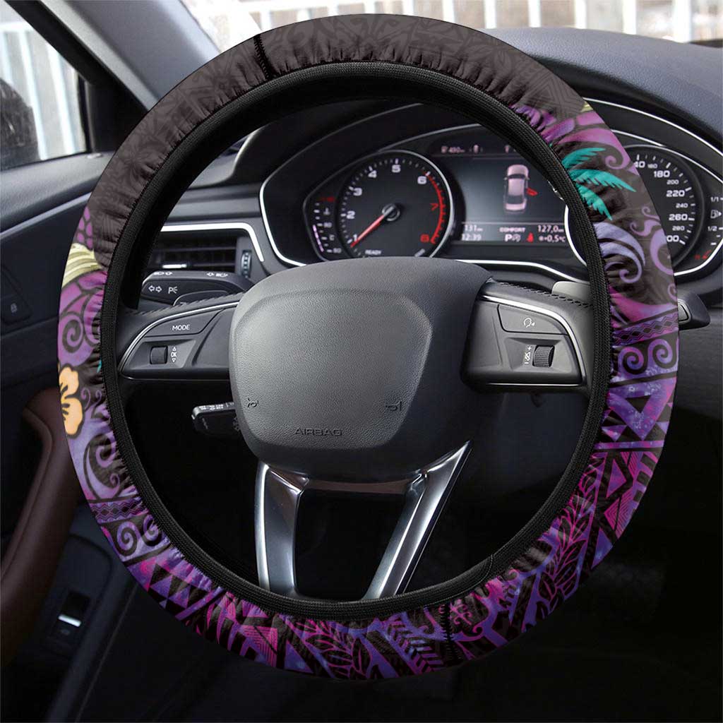 Hawaiian Abstract Sea Turtle Steering Wheel Cover Polynesian Tapa Art and Kakau Tattoo Purple WaterColor - Polynesian Pride