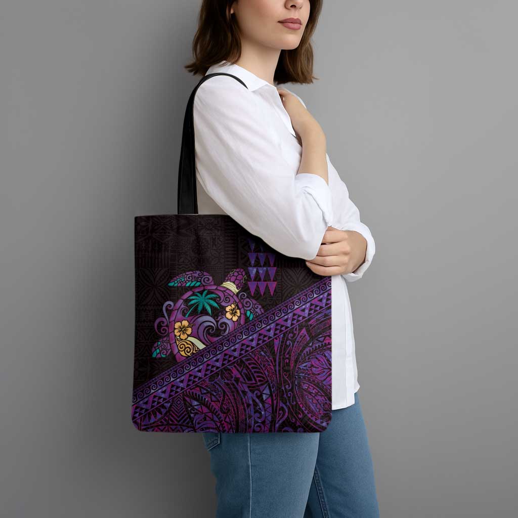 Hawaiian Abstract Sea Turtle Tote Bag Polynesian Tapa Art and Kakau Tattoo Purple WaterColor - Polynesian Pride