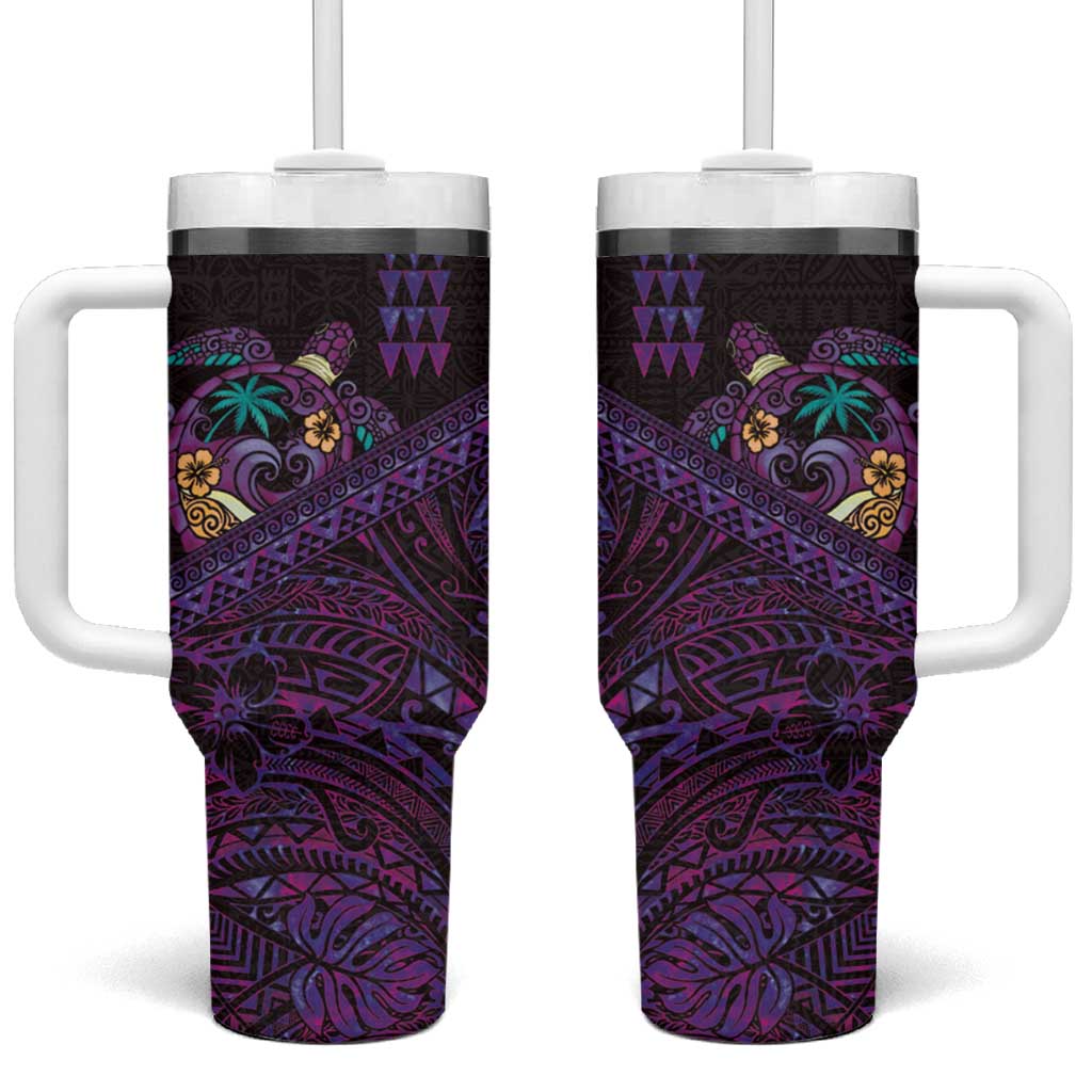 Hawaiian Abstract Sea Turtle Tumbler With Handle Polynesian Tapa Art and Kakau Tattoo Purple WaterColor - Polynesian Pride