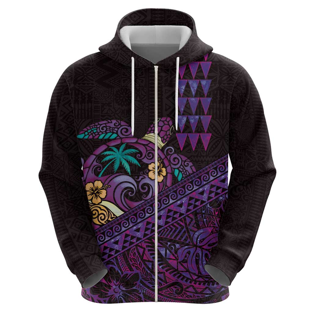 Hawaiian Abstract Sea Turtle Zip Hoodie Polynesian Tapa Art and Kakau Tattoo Purple WaterColor - Polynesian Pride