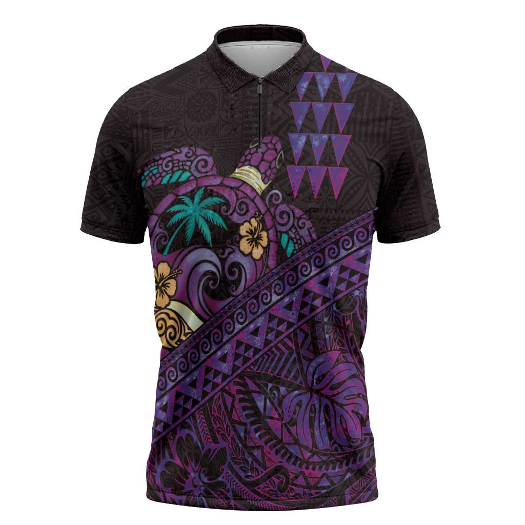 Hawaiian Abstract Sea Turtle Zipper Polo Shirt Polynesian Tapa Art and Kakau Tattoo Purple WaterColor - Polynesian Pride