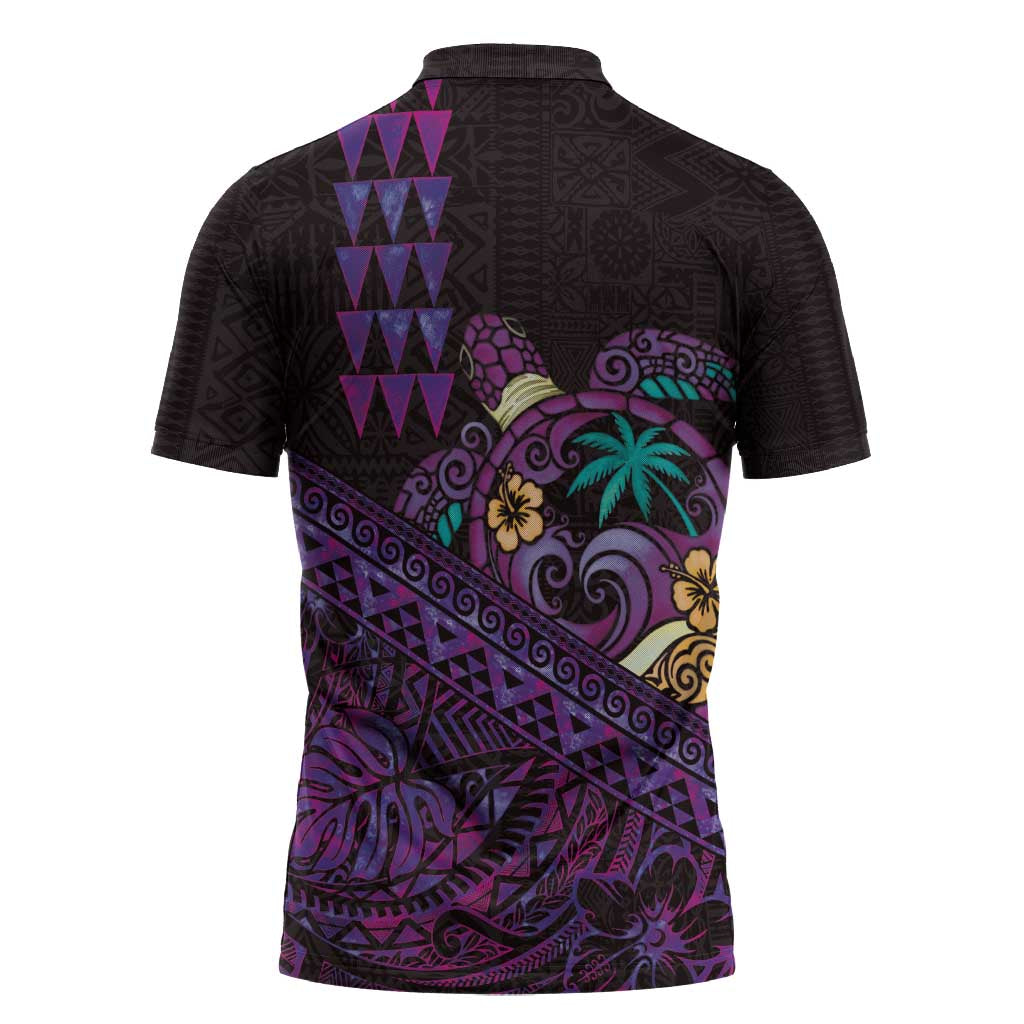 Hawaiian Abstract Sea Turtle Zipper Polo Shirt Polynesian Tapa Art and Kakau Tattoo Purple WaterColor - Polynesian Pride