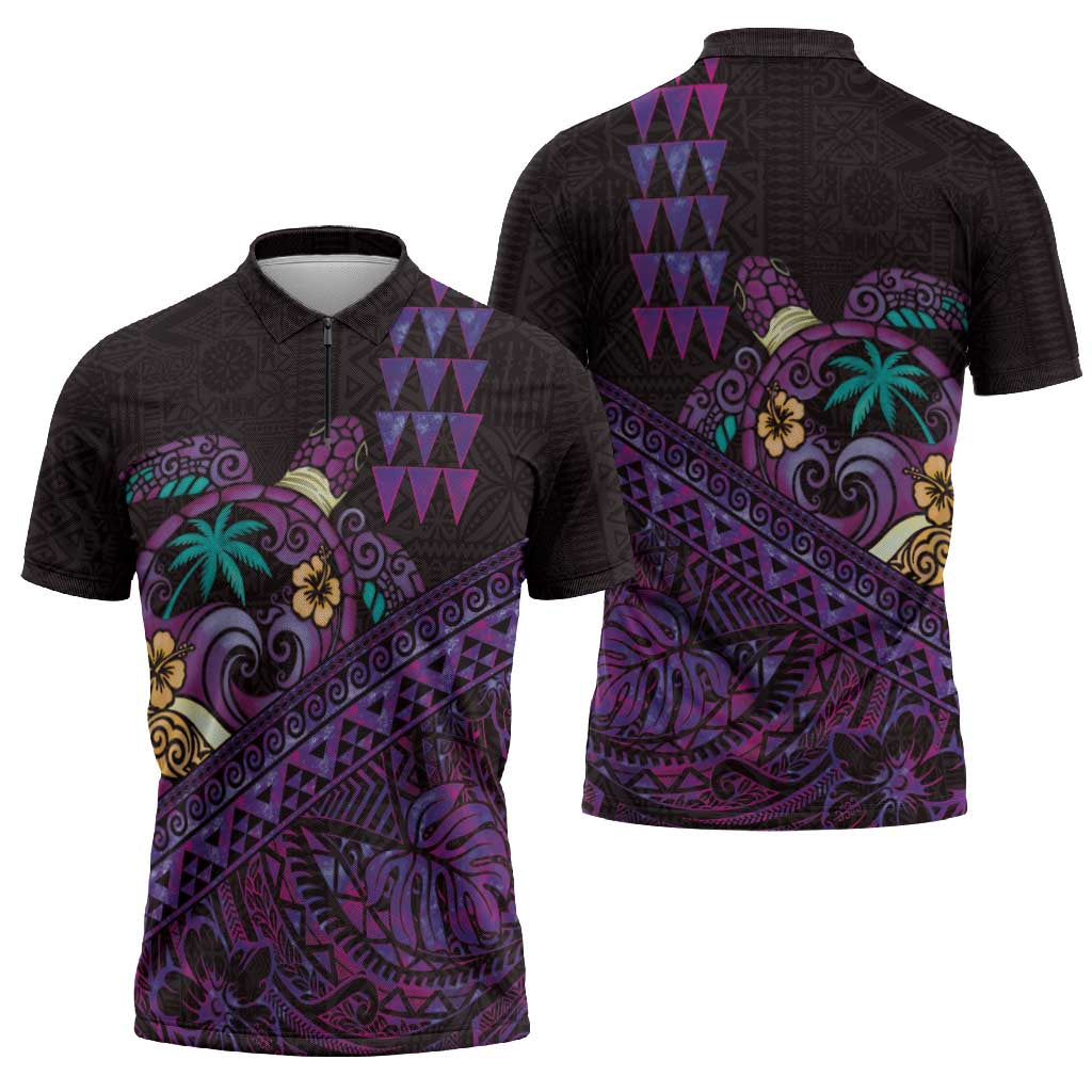 Hawaiian Abstract Sea Turtle Zipper Polo Shirt Polynesian Tapa Art and Kakau Tattoo Purple WaterColor - Polynesian Pride