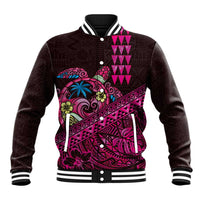 Hawaiian Abstract Sea Turtle Baseball Jacket Polynesian Tapa Art and Kakau Tattoo Pink WaterColor - Polynesian Pride