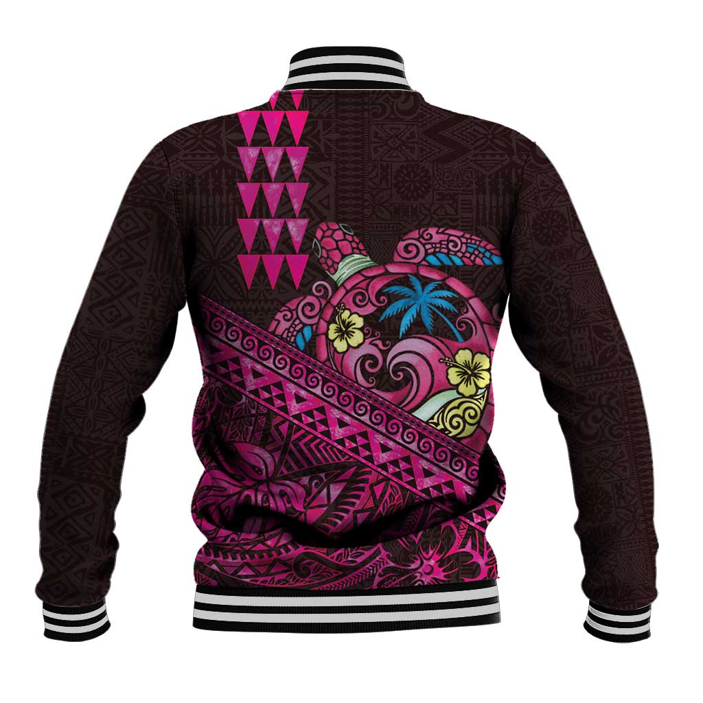 Hawaiian Abstract Sea Turtle Baseball Jacket Polynesian Tapa Art and Kakau Tattoo Pink WaterColor - Polynesian Pride