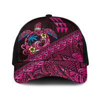 Hawaiian Abstract Sea Turtle Baseball Net Cap Polynesian Tapa Art and Kakau Tattoo Pink WaterColor - Polynesian Pride