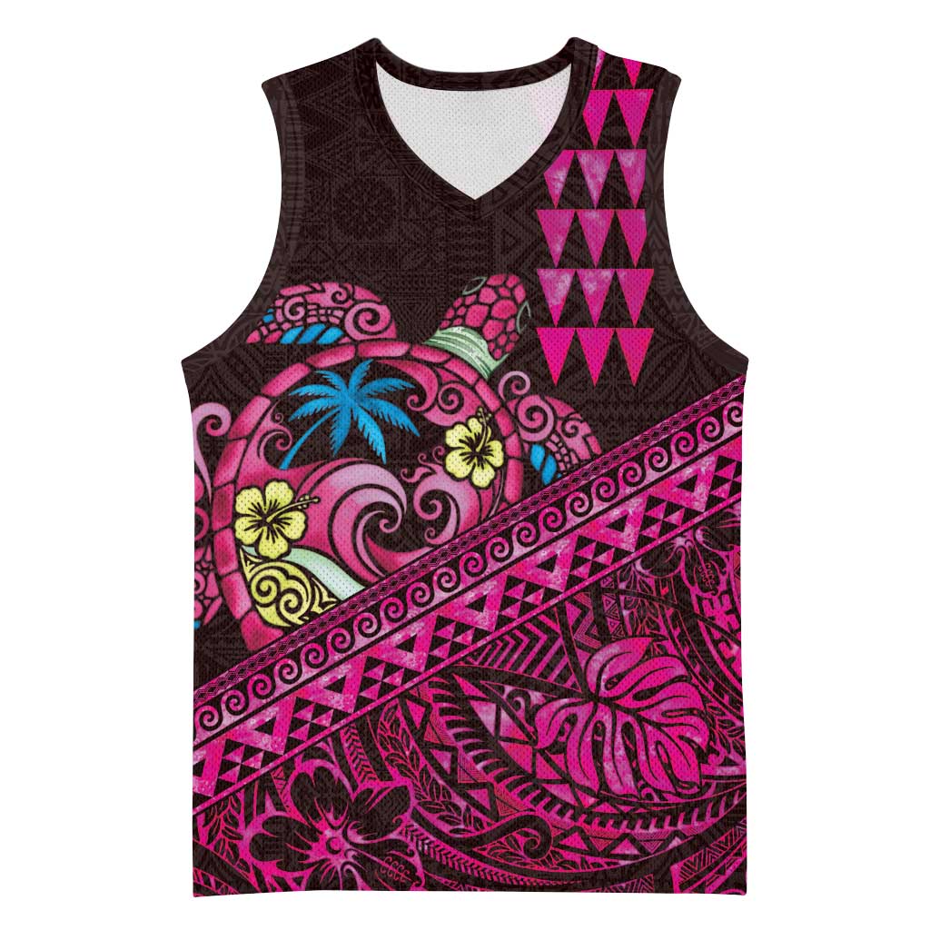 Hawaiian Abstract Sea Turtle Basketball Jersey Polynesian Tapa Art and Kakau Tattoo Pink WaterColor - Polynesian Pride