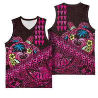 Hawaiian Abstract Sea Turtle Basketball Jersey Polynesian Tapa Art and Kakau Tattoo Pink WaterColor - Polynesian Pride
