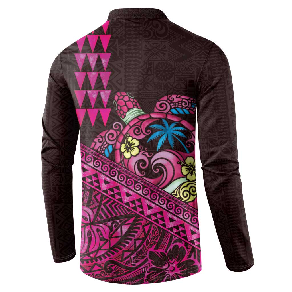 Hawaiian Abstract Sea Turtle Button Sweatshirt Polynesian Tapa Art and Kakau Tattoo Pink WaterColor - Polynesian Pride