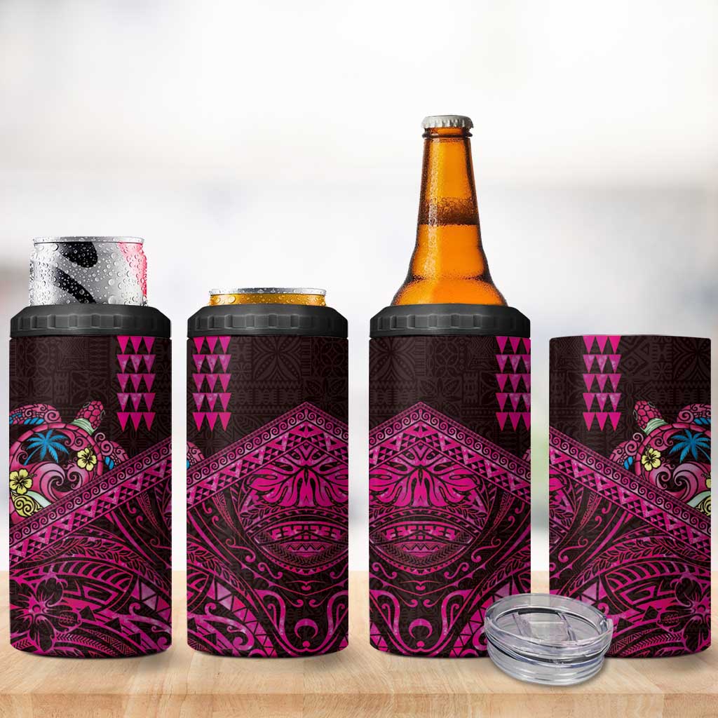 Hawaiian Abstract Sea Turtle 4 in 1 Can Cooler Tumbler Polynesian Tapa Art and Kakau Tattoo Pink WaterColor - Polynesian Pride