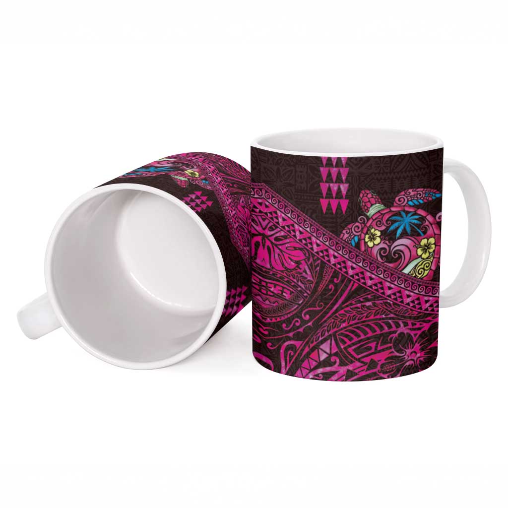 Hawaiian Abstract Sea Turtle Ceramic Mug Polynesian Tapa Art and Kakau Tattoo Pink WaterColor - Polynesian Pride