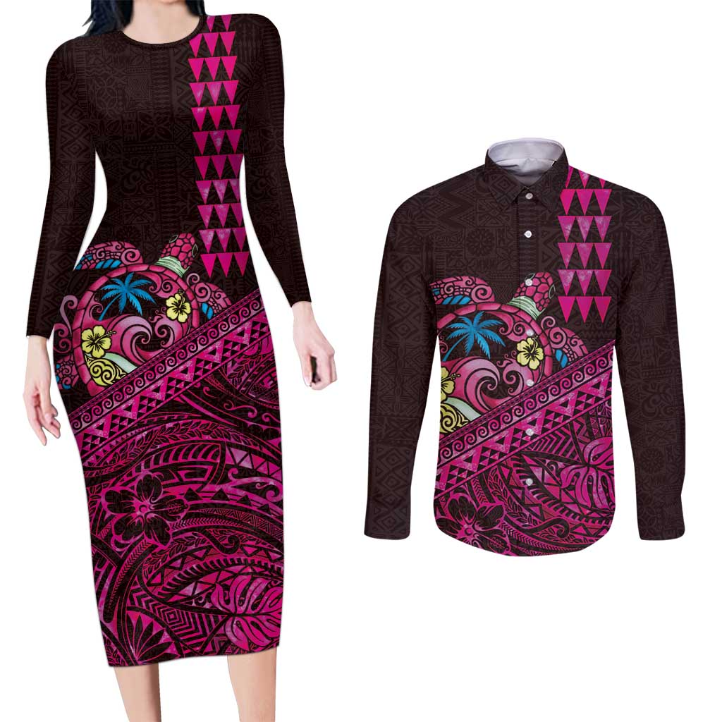 Hawaiian Abstract Sea Turtle Couples Matching Long Sleeve Bodycon Dress and Long Sleeve Button Shirt Polynesian Tapa Art and Kakau Tattoo Pink WaterColor - Polynesian Pride