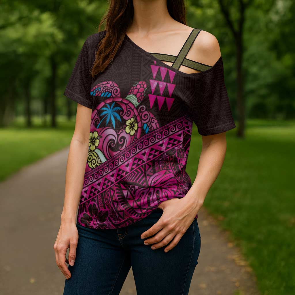 Hawaiian Abstract Sea Turtle Cross Shoulder Shirt Polynesian Tapa Art and Kakau Tattoo Pink WaterColor - Polynesian Pride