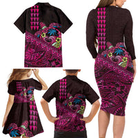 Hawaiian Abstract Sea Turtle Family Matching Long Sleeve Bodycon Dress and Hawaiian Shirt Polynesian Tapa Art and Kakau Tattoo Pink WaterColor - Polynesian Pride