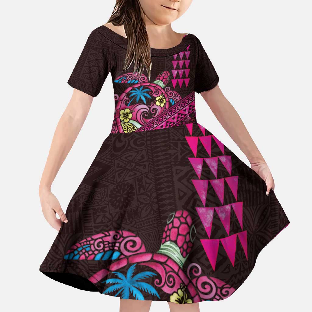 Hawaiian Abstract Sea Turtle Family Matching Off Shoulder Maxi Dress and Hawaiian Shirt Polynesian Tapa Art and Kakau Tattoo Pink WaterColor - Polynesian Pride