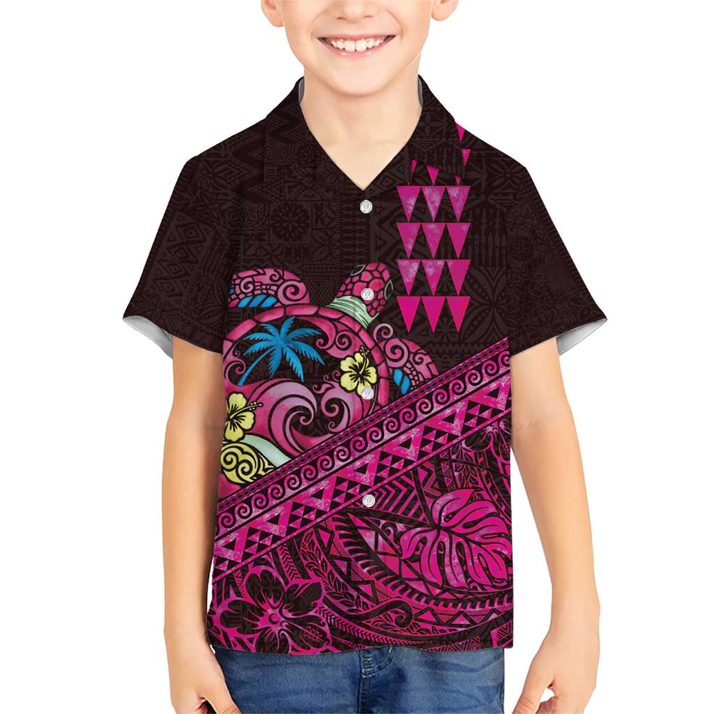 Hawaiian Abstract Sea Turtle Family Matching Short Sleeve Bodycon Dress and Hawaiian Shirt Polynesian Tapa Art and Kakau Tattoo Pink WaterColor - Polynesian Pride
