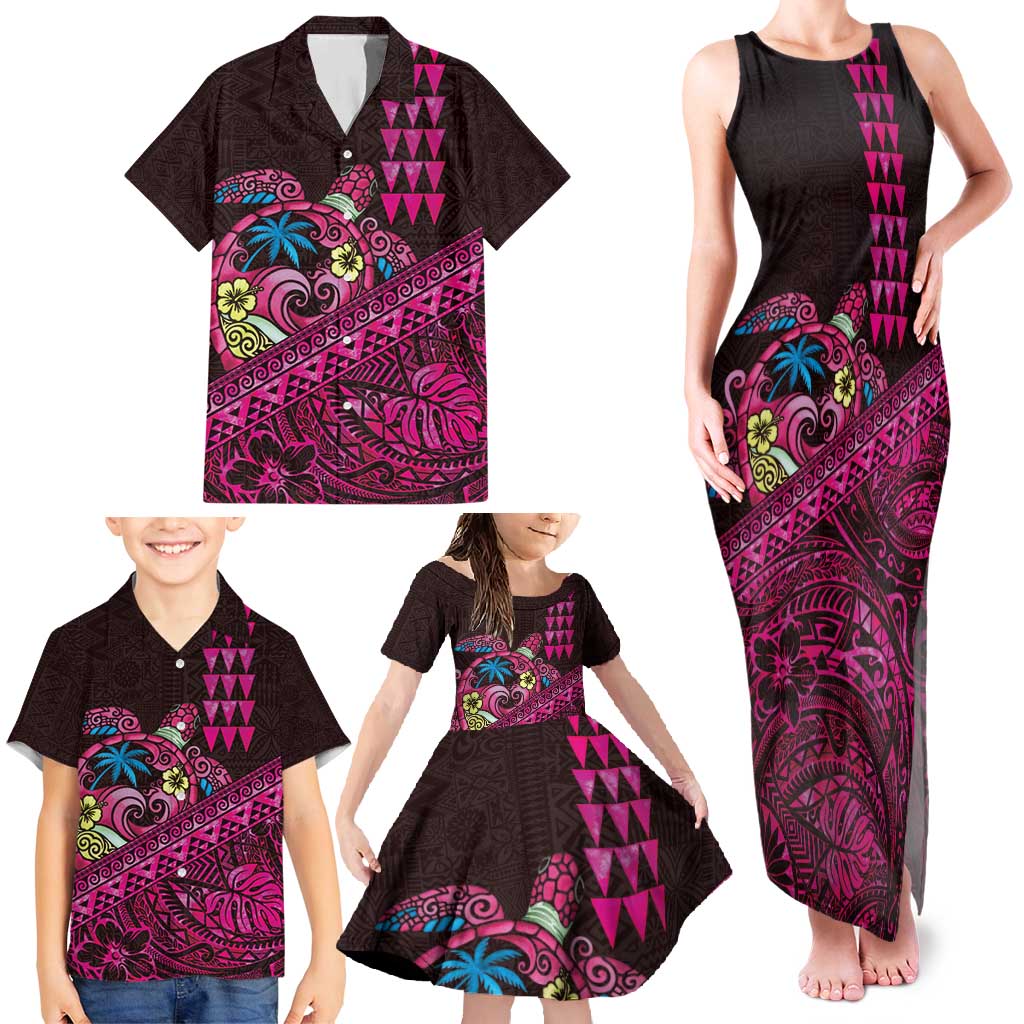 Hawaiian Abstract Sea Turtle Family Matching Tank Maxi Dress and Hawaiian Shirt Polynesian Tapa Art and Kakau Tattoo Pink WaterColor - Polynesian Pride
