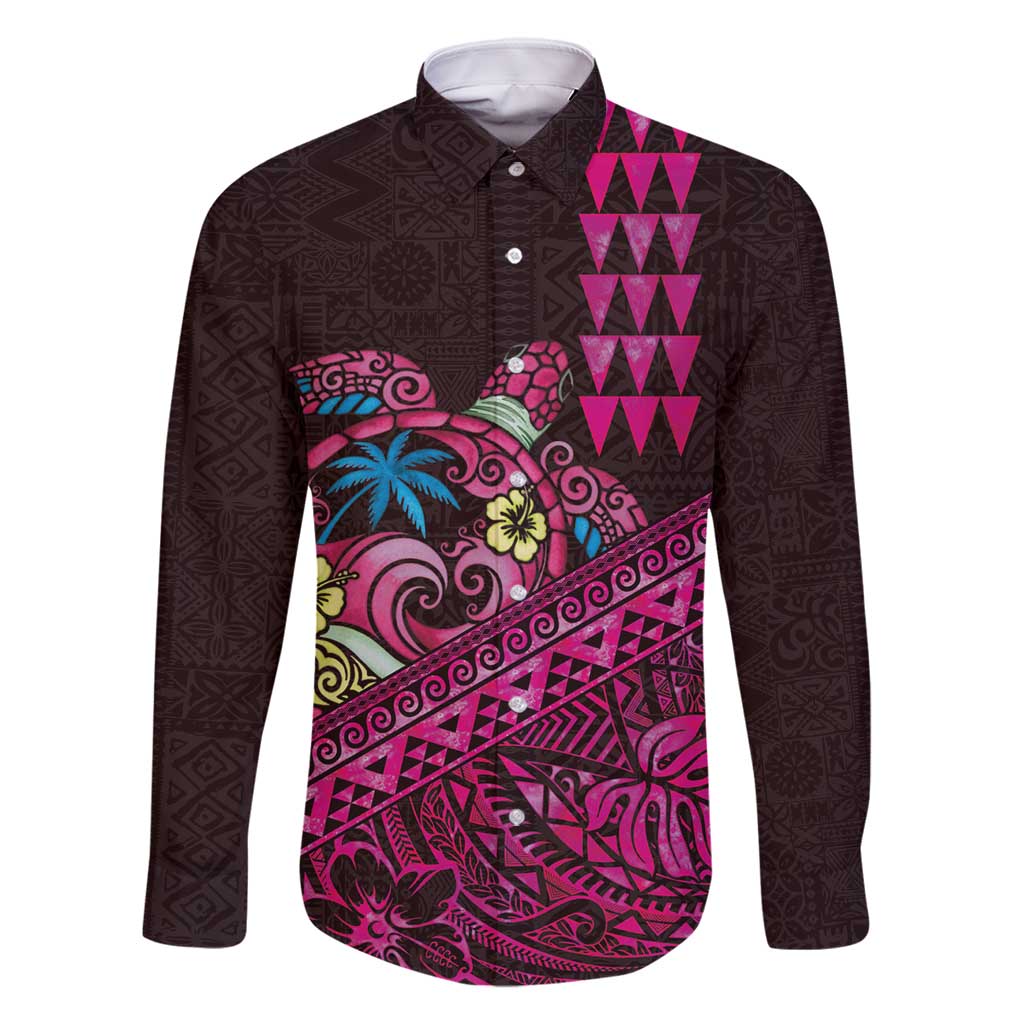 Hawaiian Abstract Sea Turtle Family Matching Tank Maxi Dress and Hawaiian Shirt Polynesian Tapa Art and Kakau Tattoo Pink WaterColor - Polynesian Pride