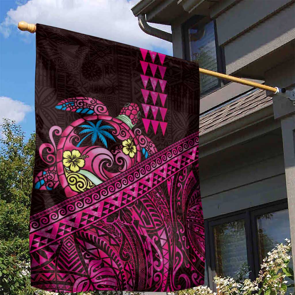 Hawaiian Abstract Sea Turtle Garden Flag Polynesian Tapa Art and Kakau Tattoo Pink WaterColor - Polynesian Pride
