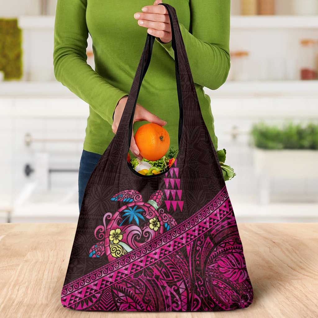 Hawaiian Abstract Sea Turtle Grocery Bag Polynesian Tapa Art and Kakau Tattoo Pink WaterColor - Polynesian Pride